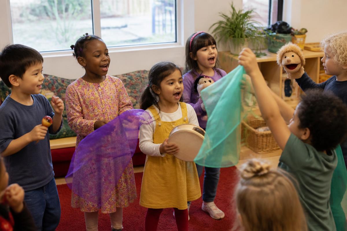 Diverse young children joyfully singing and moving together with scarves and simple rhythm instruments in a natural early childhood classroom