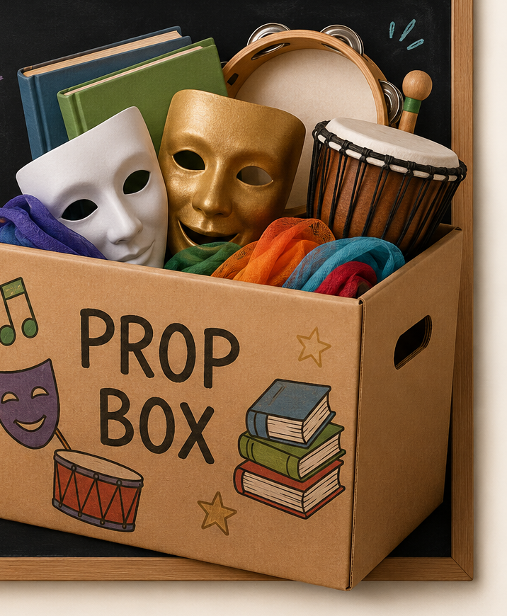 A cardboard prop box filled with storytelling materials: books, masks, scarves, a drum, and a tambourine